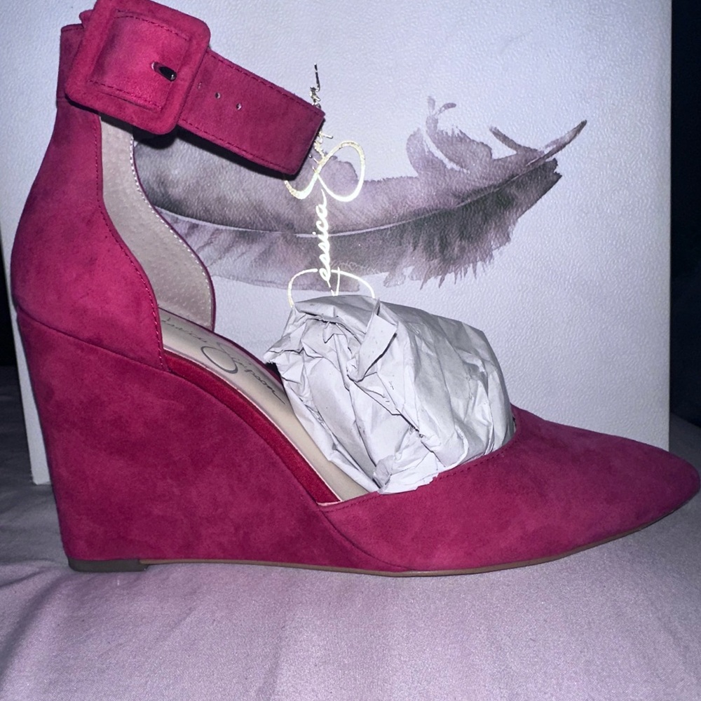 Jessica Simpson Raspberry Pink Suede Wedge Ankle-Strap Pump
